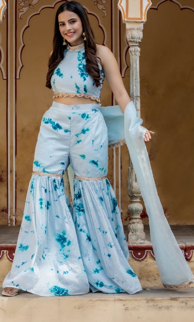 BLUE SHIBORI HALTER TOP & SHARARA WITH DUPATTA SET
