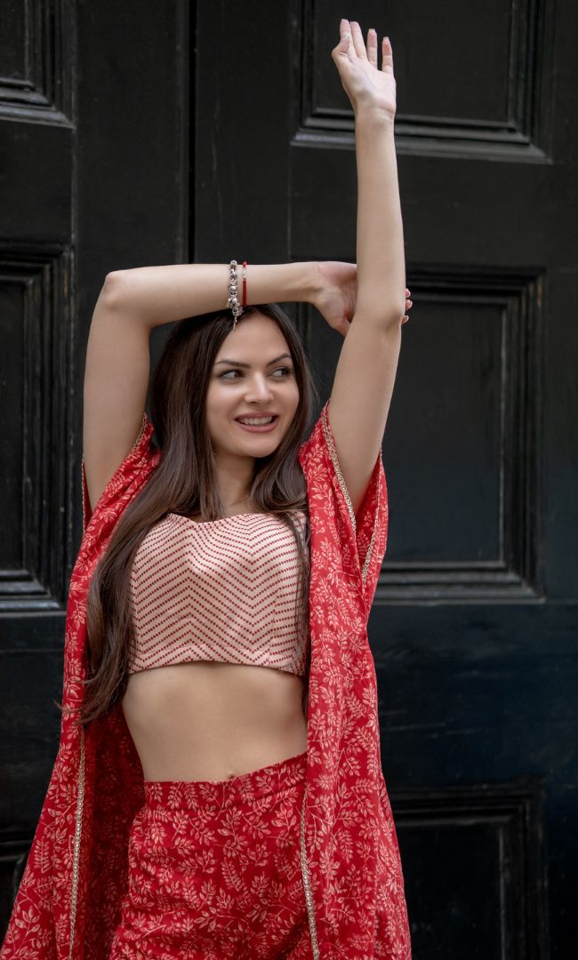 CRIMSON RED CAPE WITH CROP TOP & SHARARA