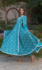 SEA GREEN FLORAL ANGRAKHA SET