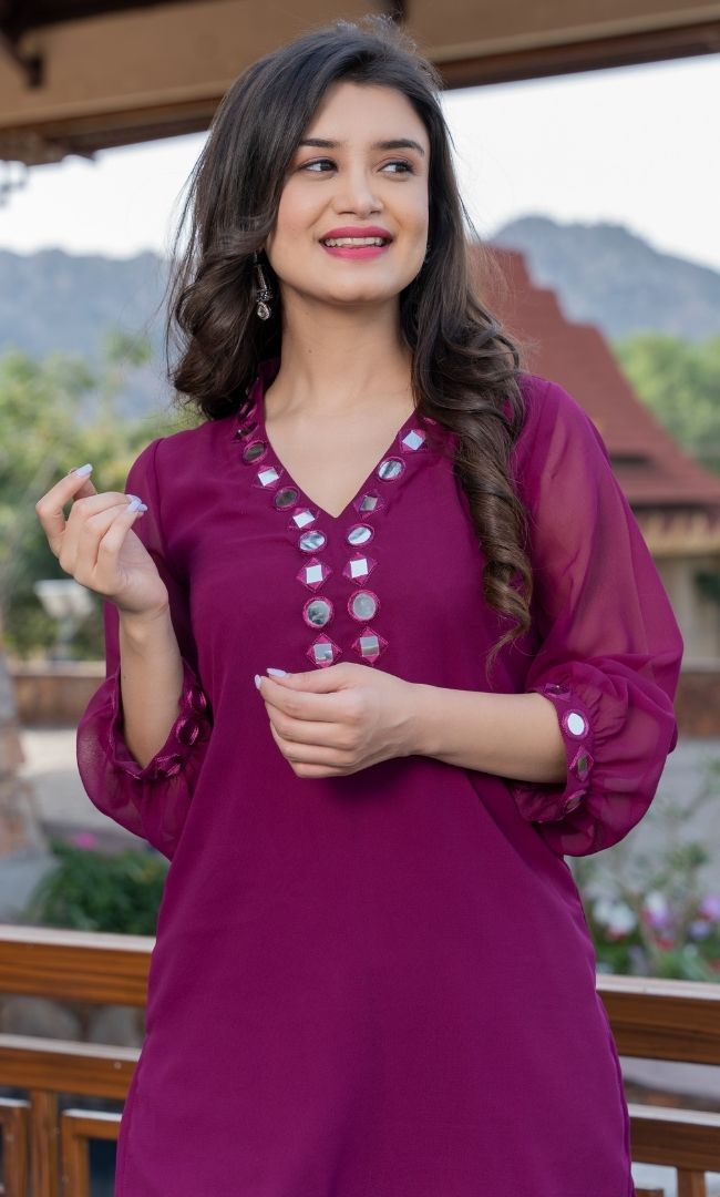 WINE MIRROR WORK KURTA SET