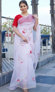 PINK ORGANZA HAND PAINTED SAREE