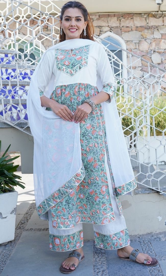 MINT GREEN AND WHITE STRAIGHT GATHER KURTA PANT WITH DUPATTA SET