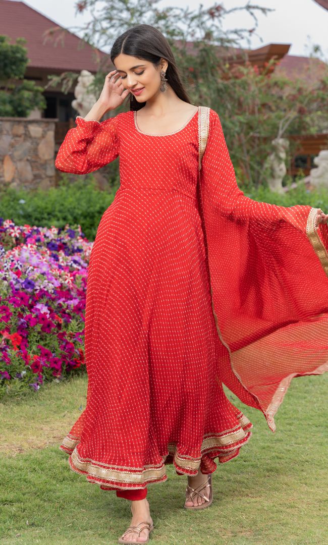 RED BANDHANI ANARKALI SET