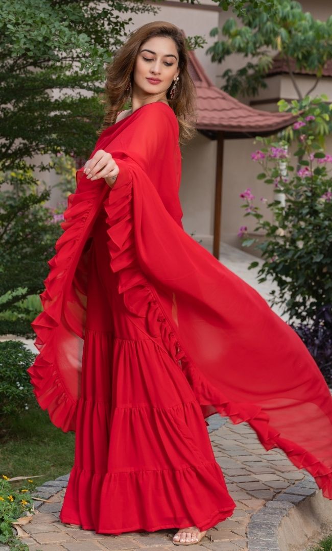 ROYAL RED RUFFLE SHARARA SAREE