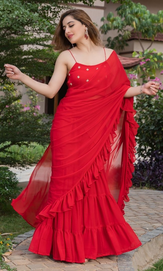 ROYAL RED RUFFLE SHARARA SAREE