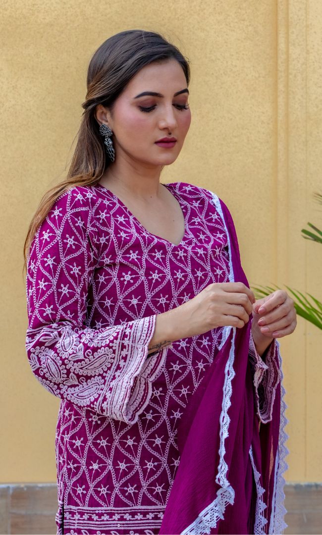 BURGUNDY CHIKANKARI KURTA