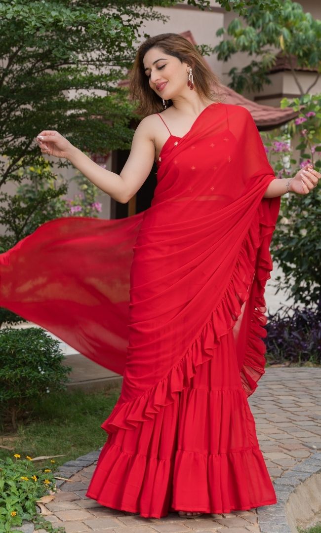 ROYAL RED RUFFLE SHARARA SAREE
