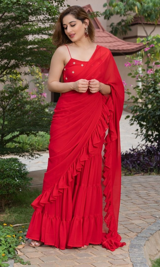 ROYAL RED RUFFLE SHARARA SAREE