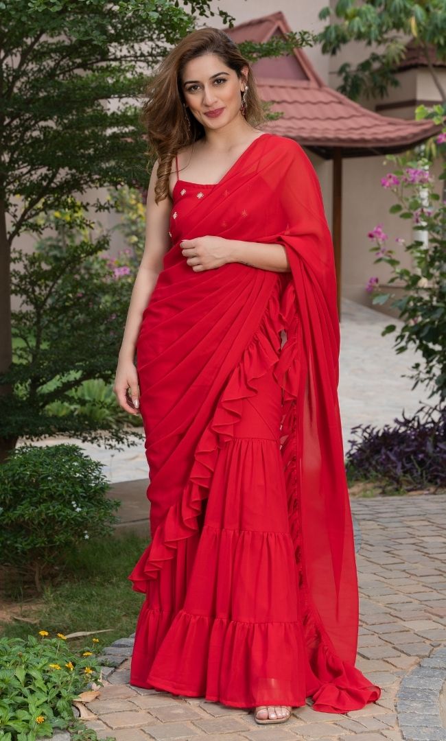 ROYAL RED RUFFLE SHARARA SAREE