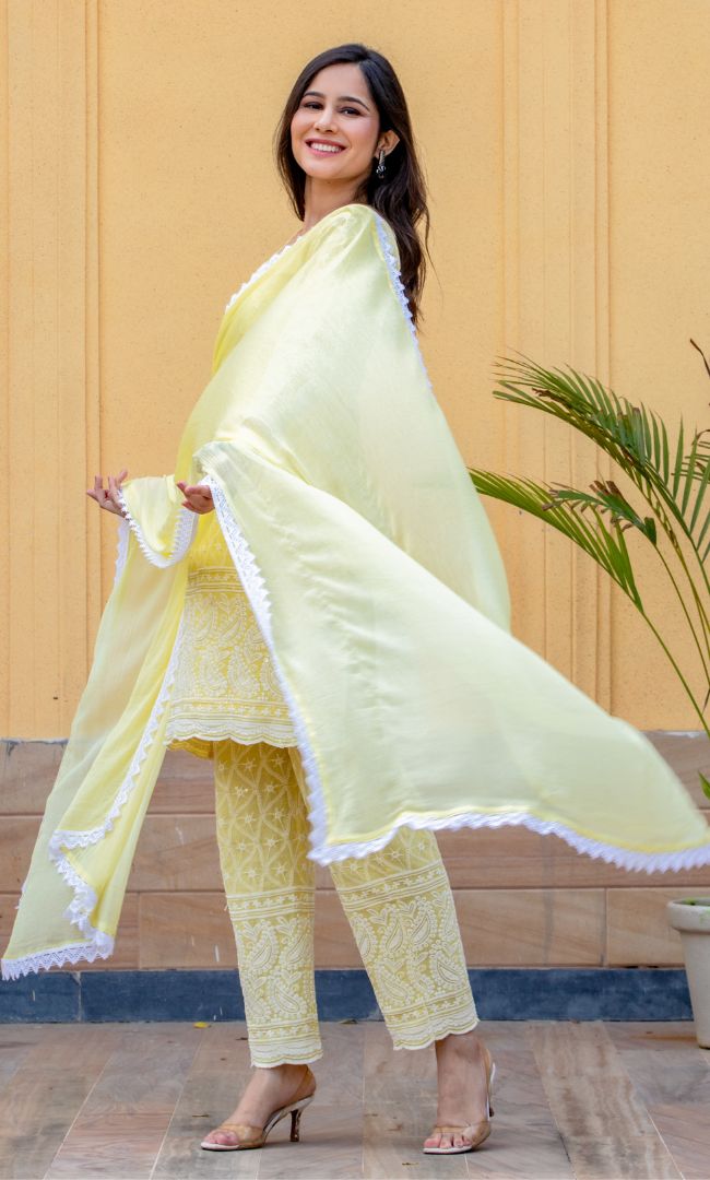 LEMON CHIKANKARI KURTA
