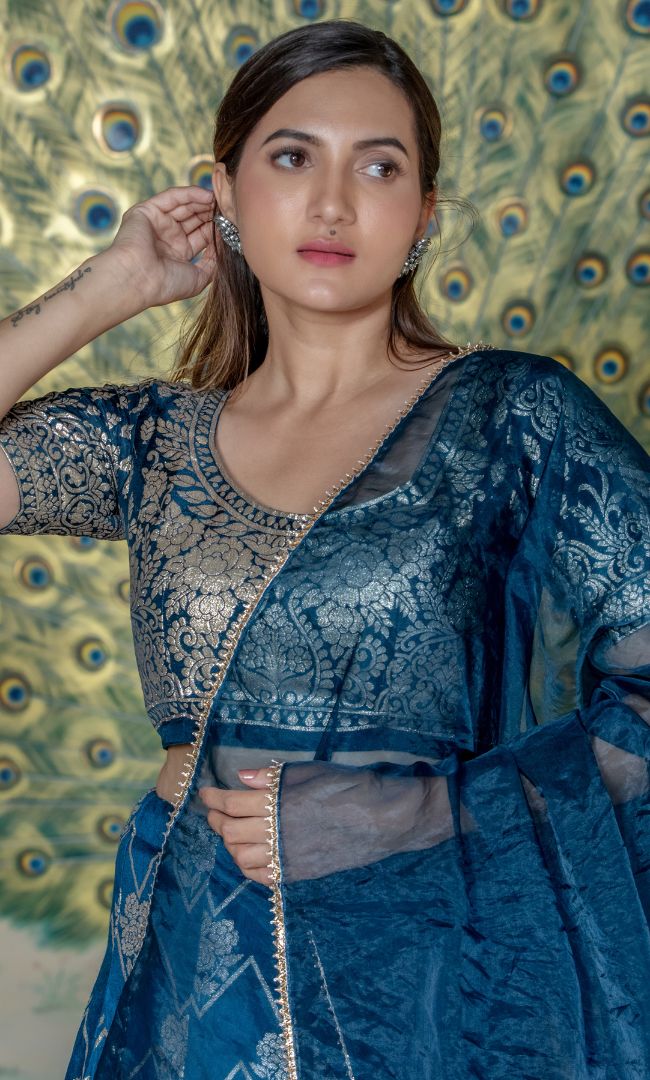 PRUSSIAN GREEN ZARDOZI LEHENGA SET