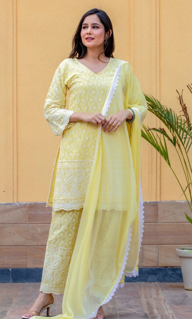 LEMON CHIKANKARI KURTA