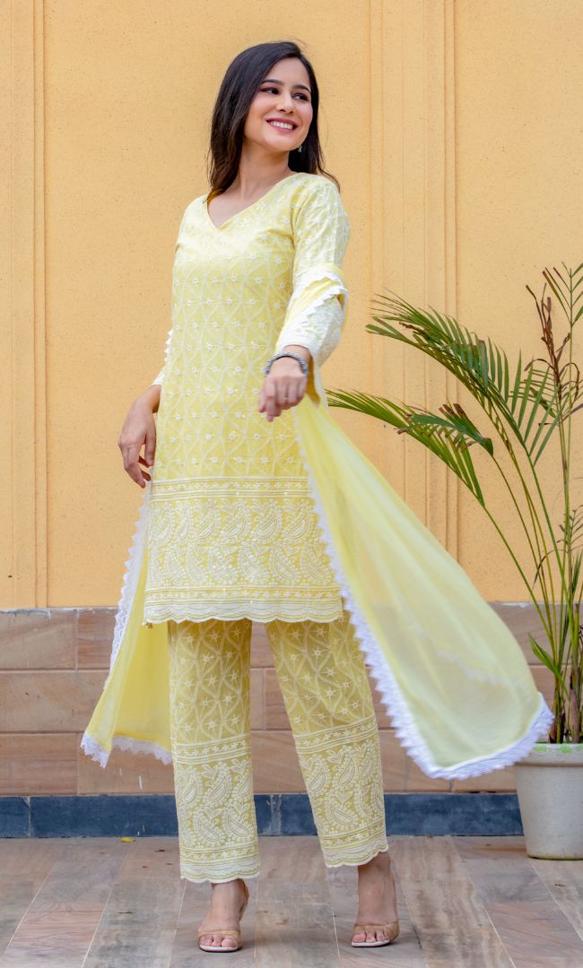 LEMON CHIKANKARI KURTA