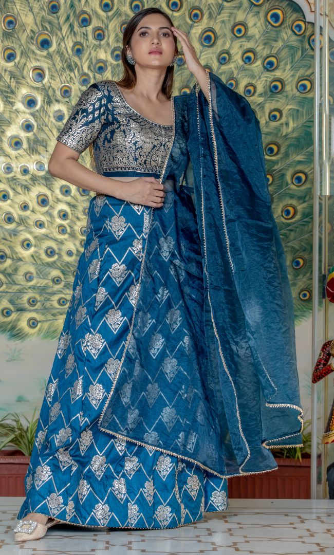 PRUSSIAN GREEN ZARDOZI LEHENGA SET