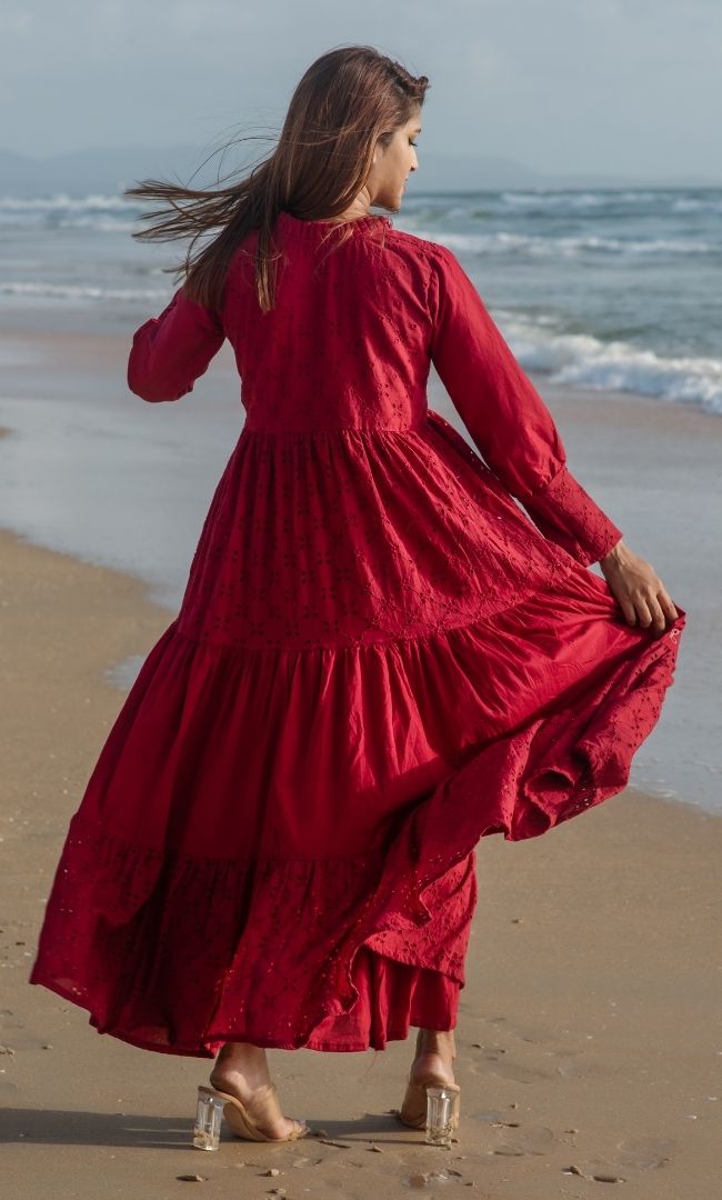 MAROON SCHIFFLI DRESS