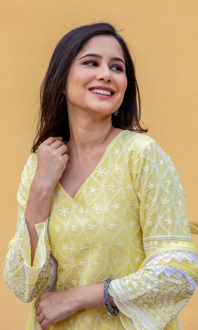 LEMON CHIKANKARI KURTA