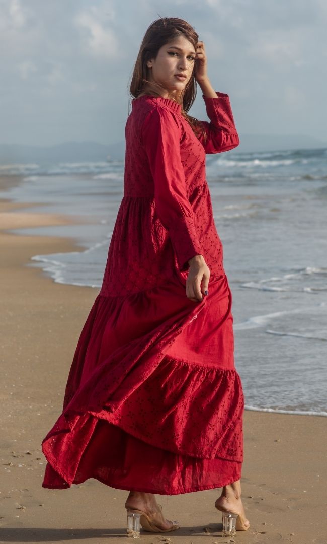 MAROON SCHIFFLI DRESS