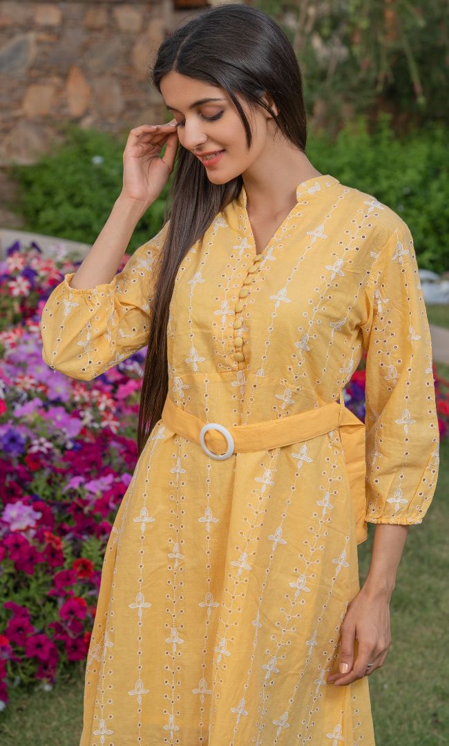 CANARY YELLOW CUT WORK DRESS