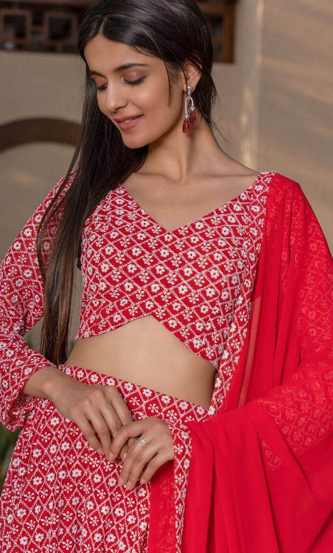 Red Embroidered Lehenga Set