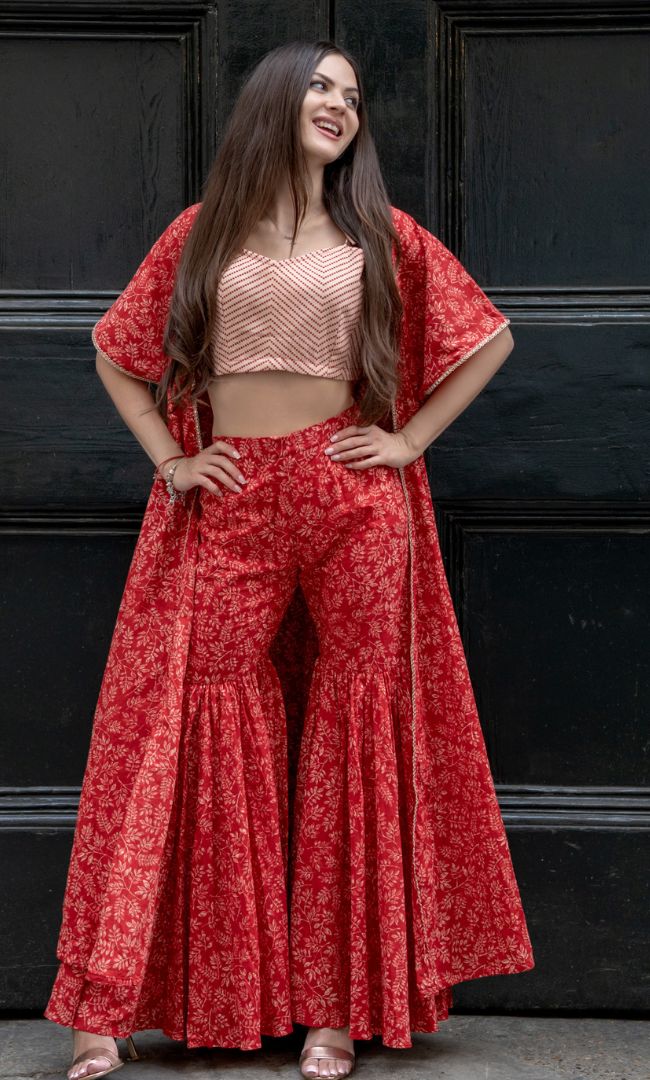 CRIMSON RED CAPE WITH CROP TOP & SHARARA
