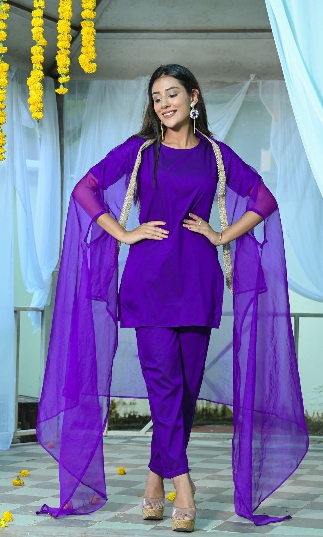 COSMOS PURPLE SHORT KURTA PANT WITH CAPE