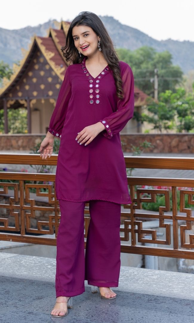 WINE MIRROR WORK KURTA SET