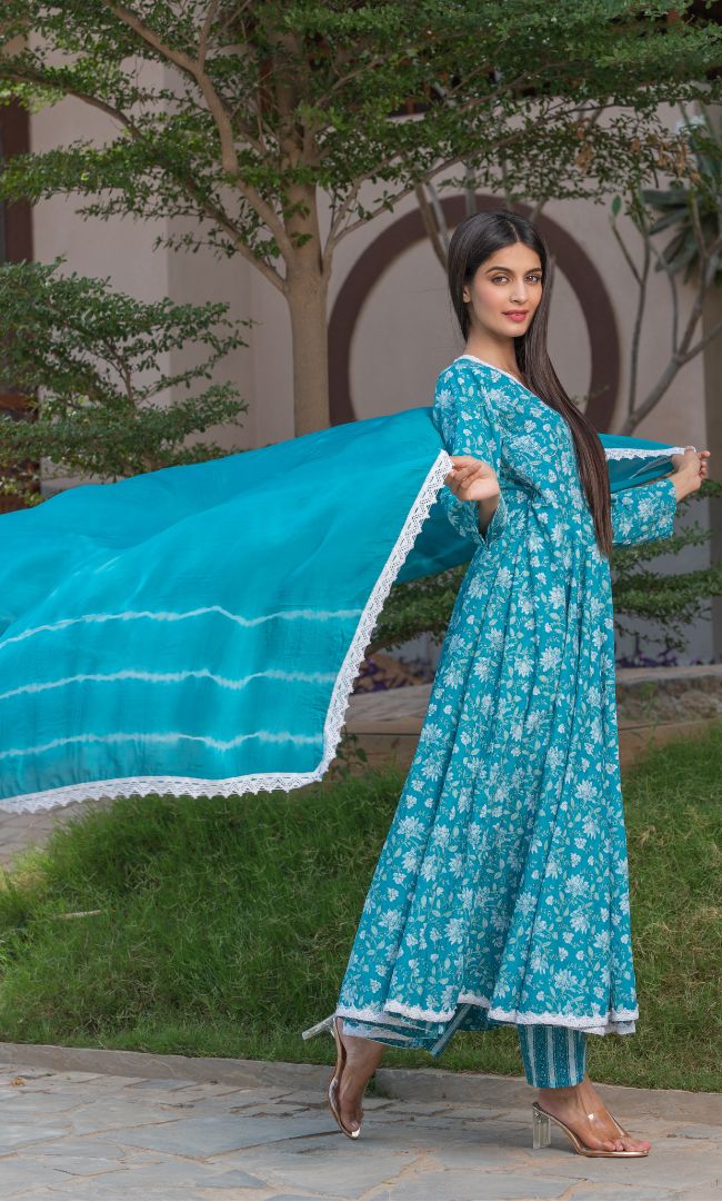 SEA GREEN FLORAL ANGRAKHA SET