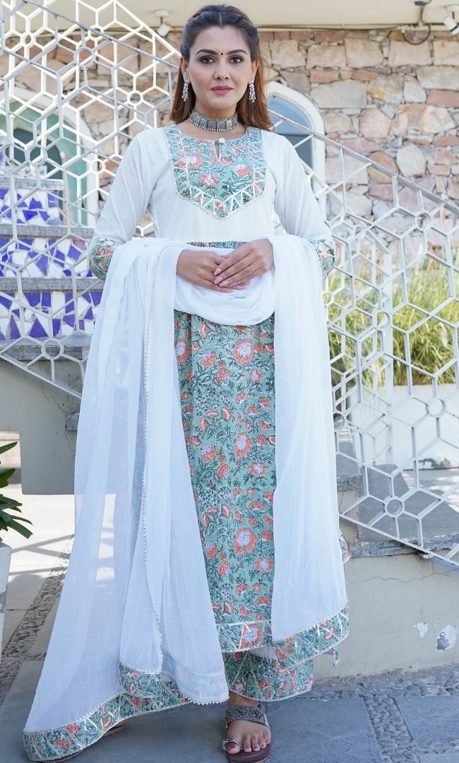 MINT GREEN AND WHITE STRAIGHT GATHER KURTA PANT WITH DUPATTA SET