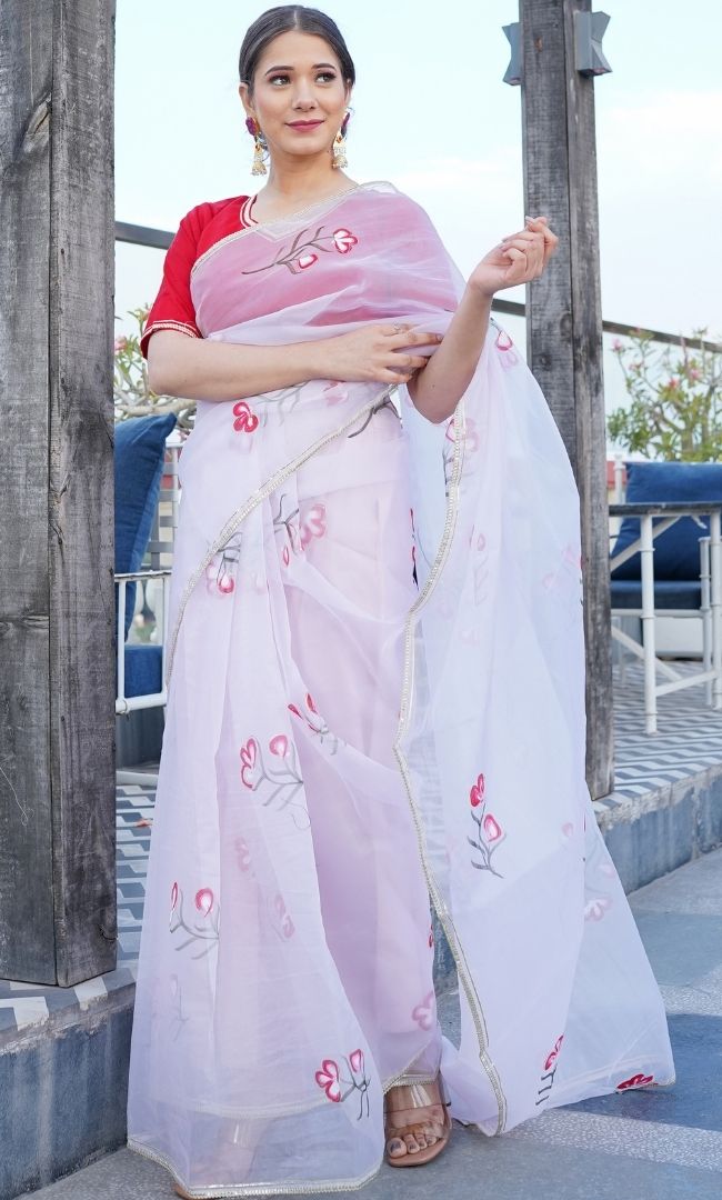 PINK ORGANZA HAND PAINTED SAREE