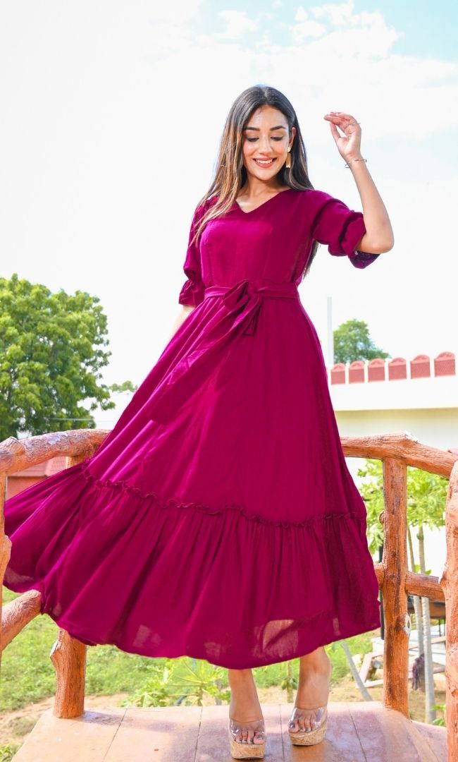 BURGUNDY SLUB FLARED DRESS