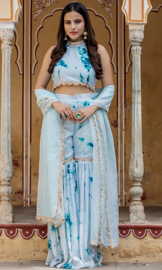 BLUE SHIBORI HALTER TOP & SHARARA WITH DUPATTA SET