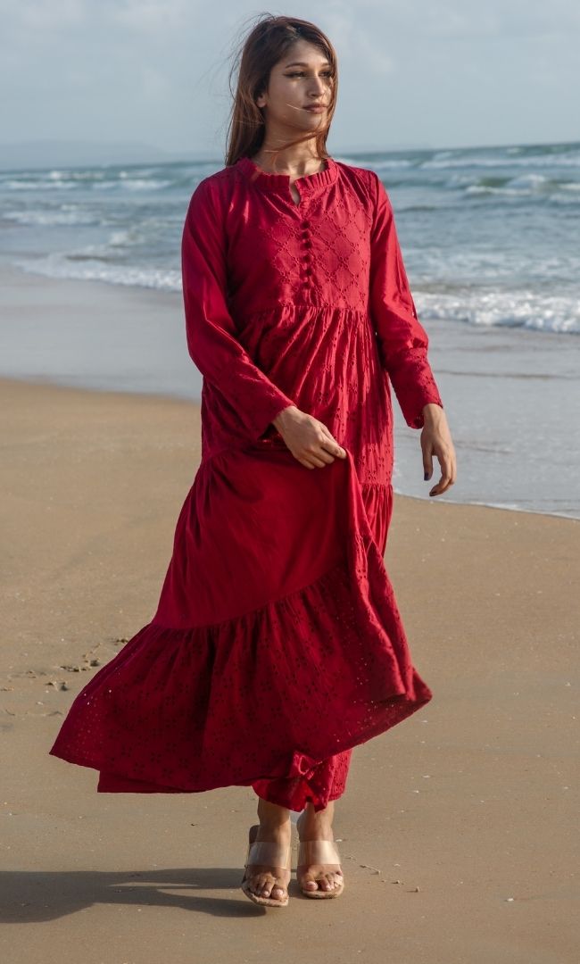 MAROON SCHIFFLI DRESS