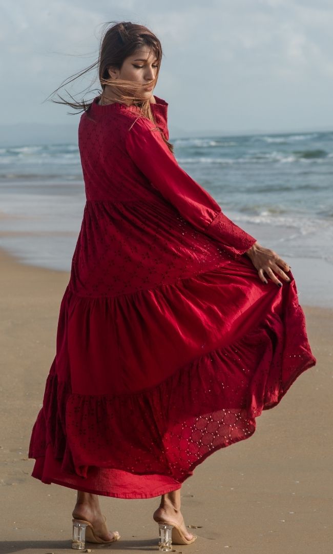 MAROON SCHIFFLI DRESS