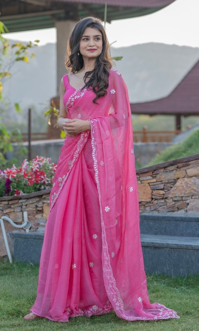 HOT PINK MIRROR WORK SAREE