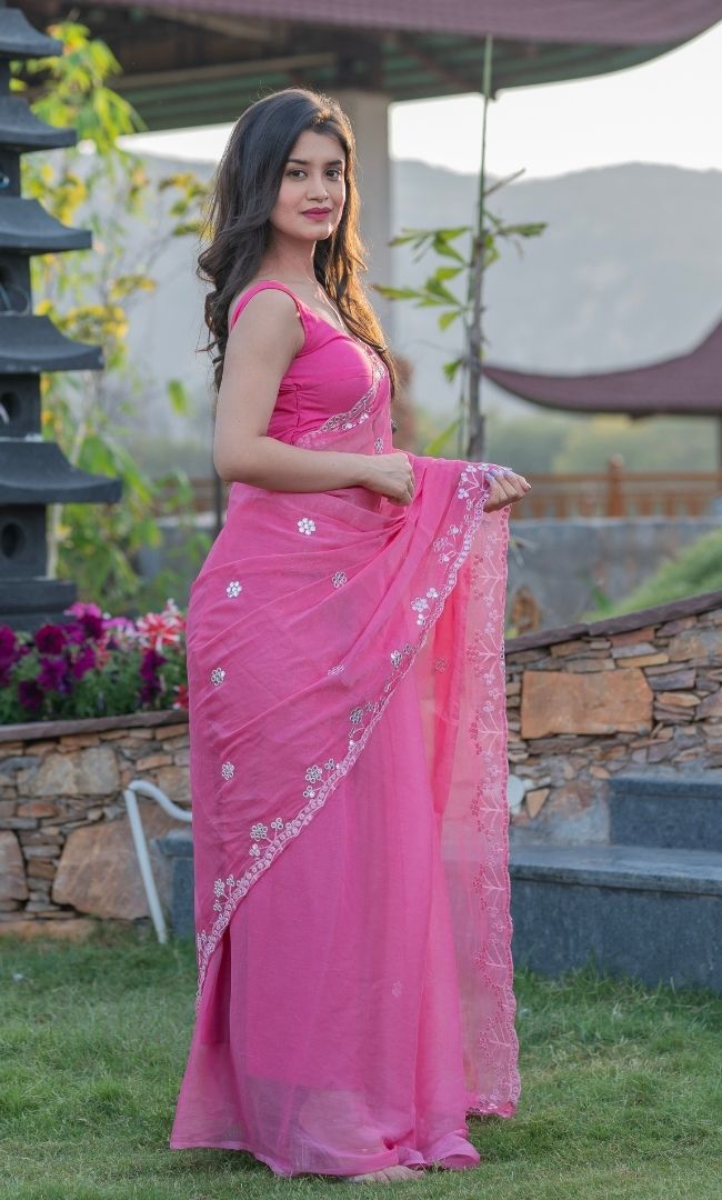 HOT PINK MIRROR WORK SAREE
