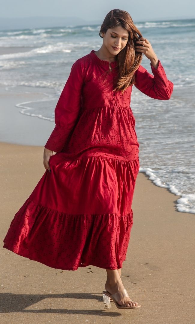 MAROON SCHIFFLI DRESS