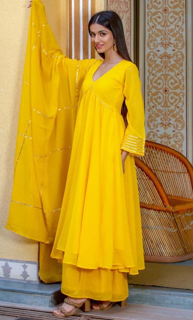 YELLOW GOTA KURTA SHARARA SET