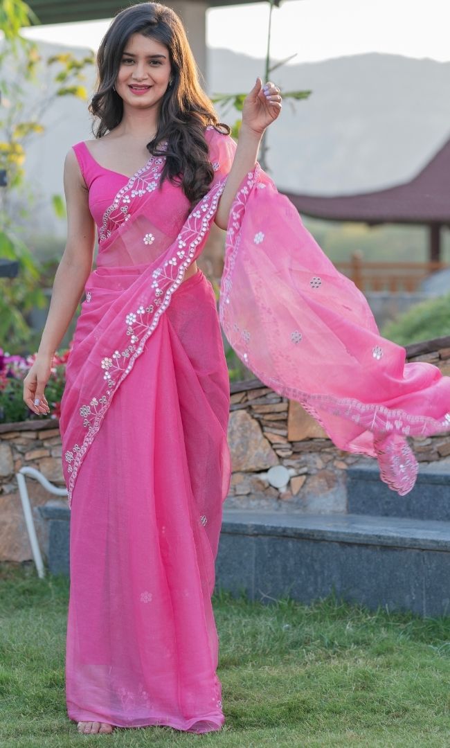 HOT PINK MIRROR WORK SAREE