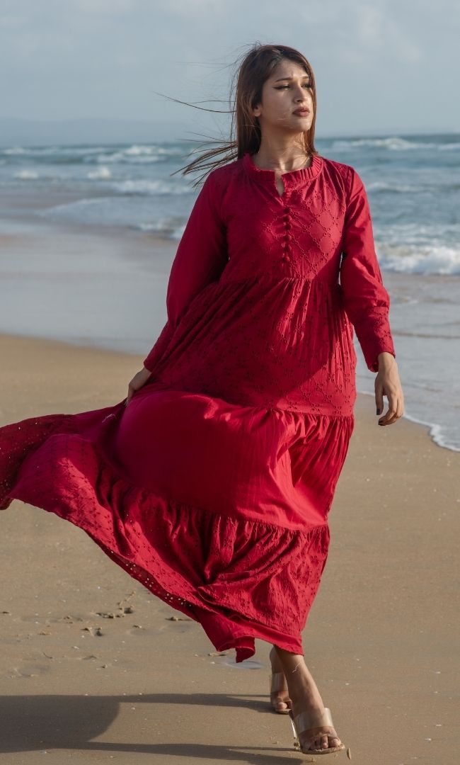 MAROON SCHIFFLI DRESS