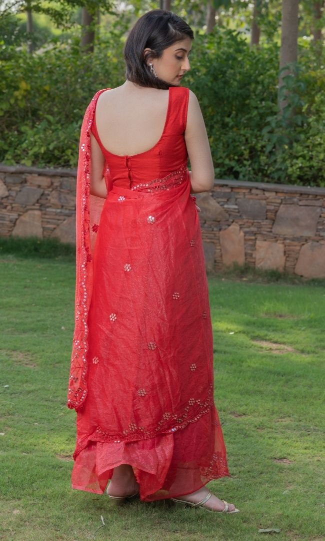 HOT RED MIRROR WORK SAREE