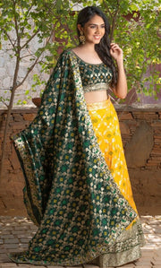 BOTTLE GREEN BANARASI LEHENGA SET