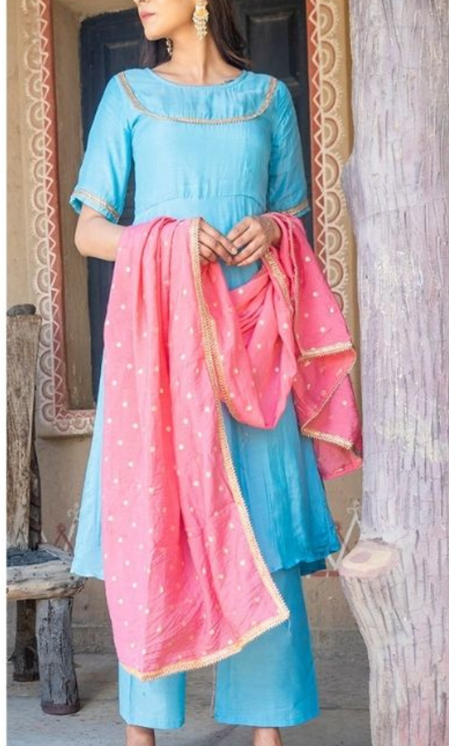 SKY BLUE SILK DUPATTA KURTA SET