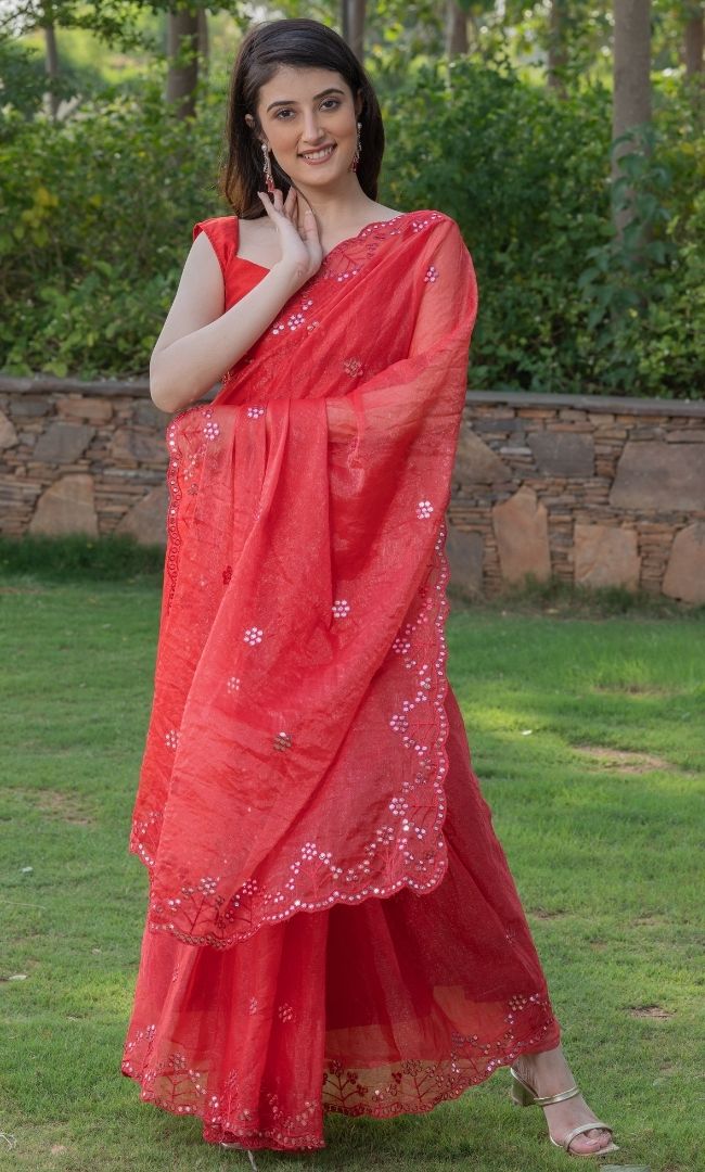 HOT RED MIRROR WORK SAREE