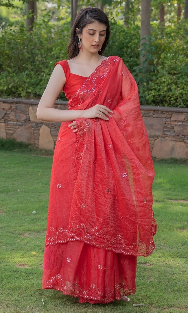 HOT RED MIRROR WORK SAREE