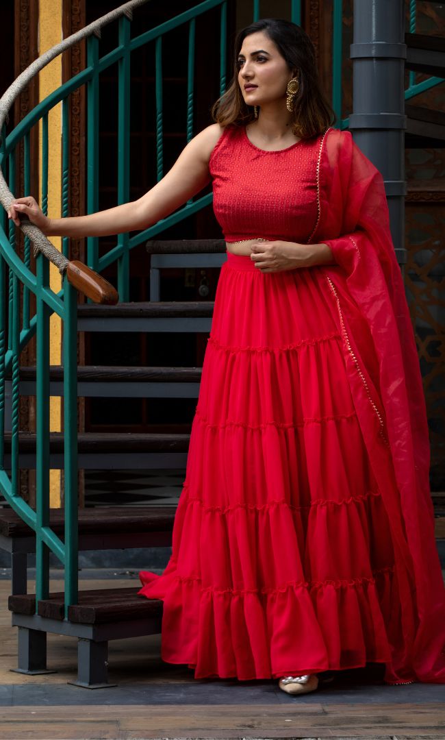 POPPIES RED TIRED LEHENGA SET