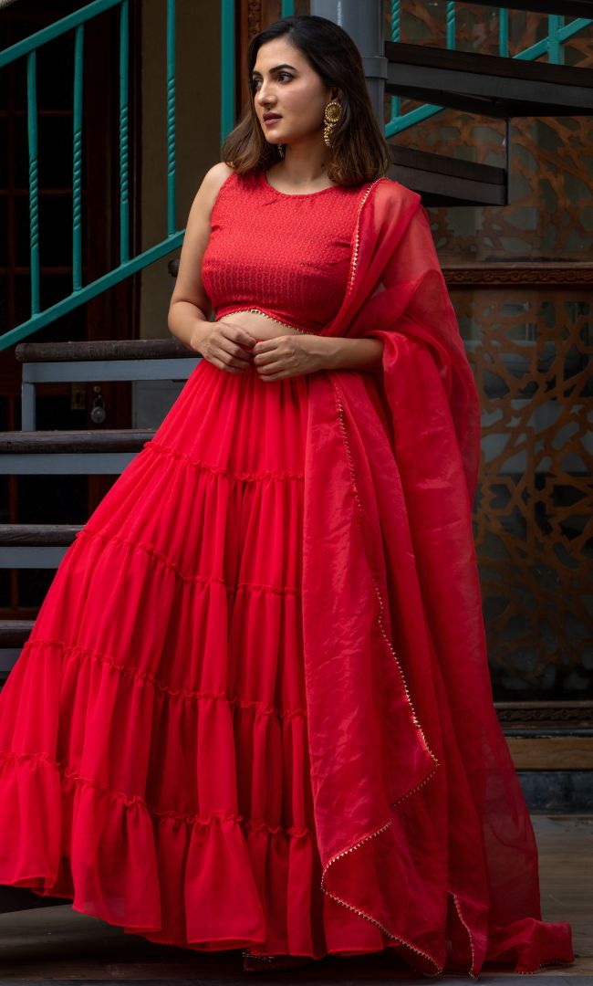 POPPIES RED TIRED LEHENGA SET