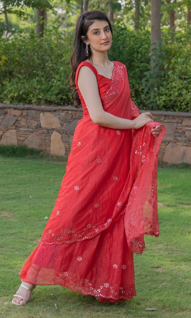 HOT RED MIRROR WORK SAREE