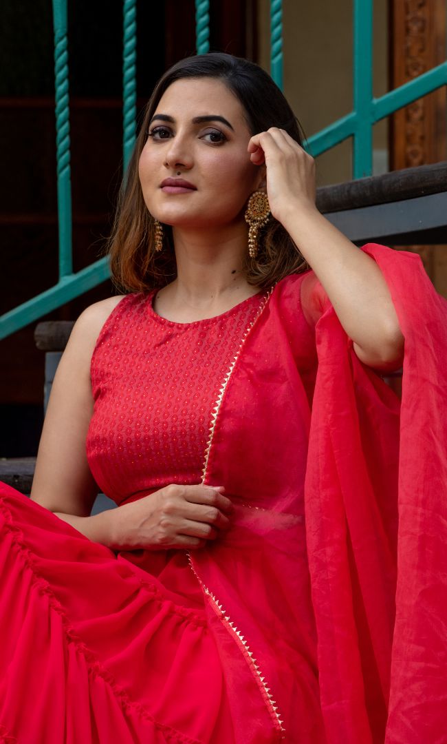 POPPIES RED TIRED LEHENGA SET