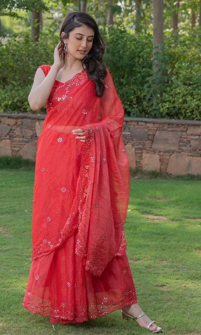 HOT RED MIRROR WORK SAREE