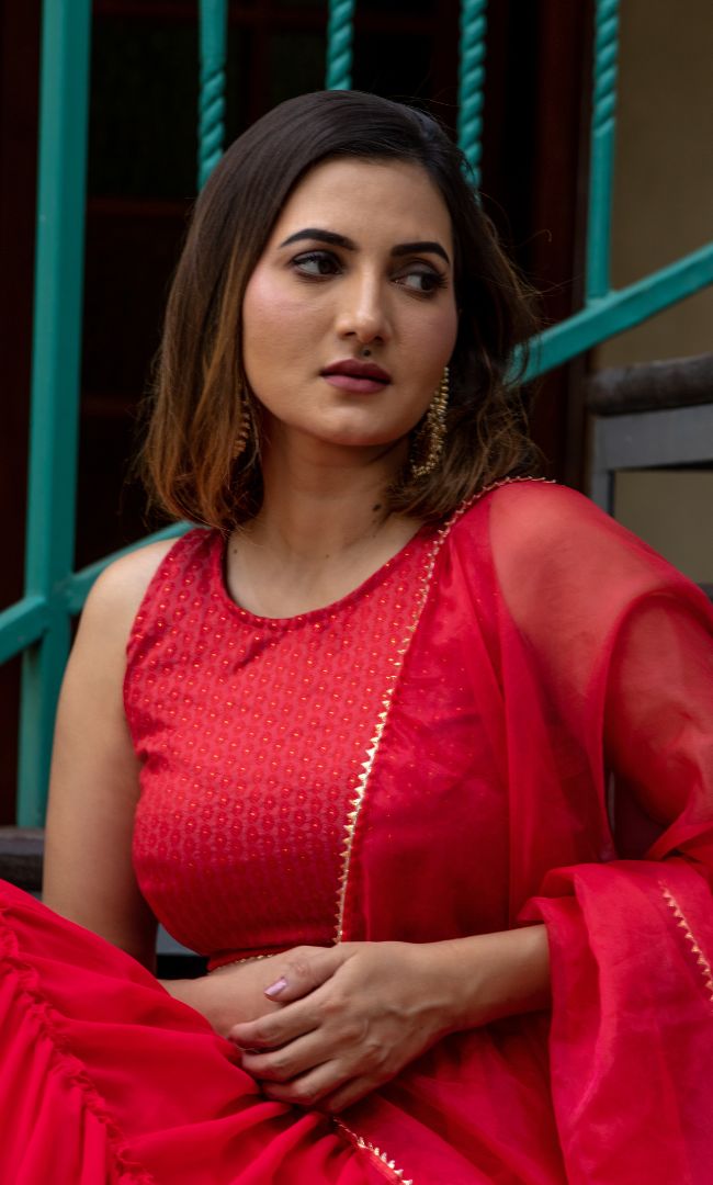 POPPIES RED TIRED LEHENGA SET